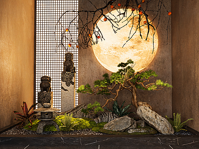 新中式庭院小品 新中式景观小品 室内造景 仙鹤石头竹子