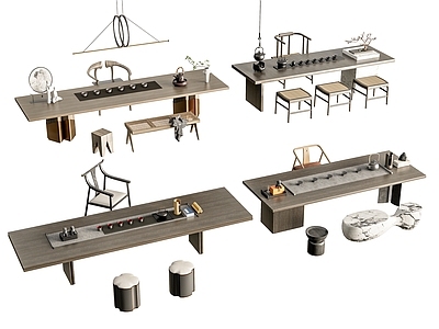 新中式现代茶桌椅 茶台茶桌椅 休闲椅太师椅 茶具茶壶 实木茶桌 墩子绿植盆栽