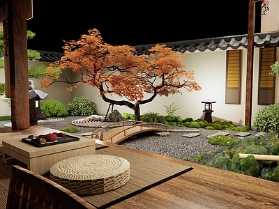 日式禅意庭院小品 青石板路 木桥 石笼灯