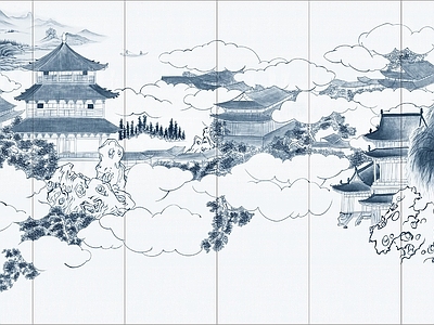 新中式中式硬包 中式水画 中式水画楼阁画 中式水画硬包 水硬包