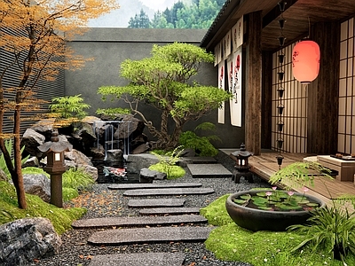 日式禅意庭院 青石汀步 假山 微地形 水钵 苔藓