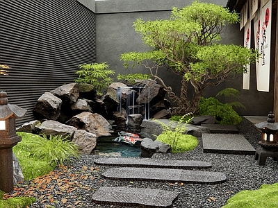 新中式日式水景 假山水景 鱼池 青石板 汀步 植物造景