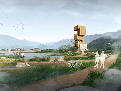 新中式现代滨水景观 滨水栈道 现代中式滨水 滨水生态廊道 滨水观鸟塔观鸟亭