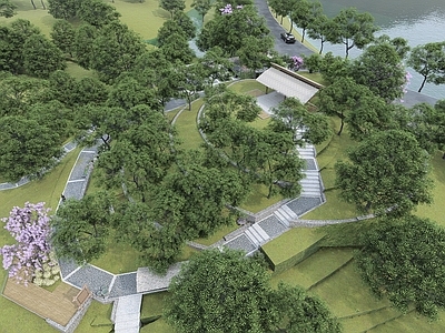 现代新中式景观公园 地公园 美丽乡村 登步道台阶 乡村茅草顶廊架亭 农业田园公园