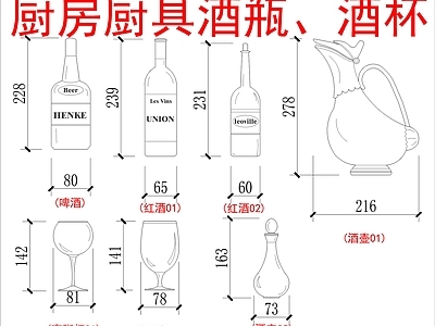 现代厨房设施 厨具酒瓶 酒杯 施工图