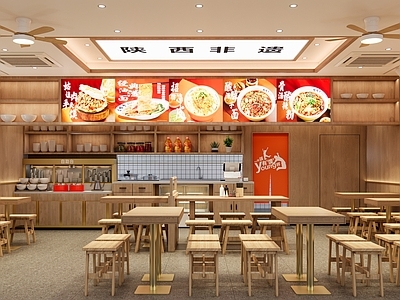 现代小吃快餐店 小吃快餐店明档 桌椅 设备 挂画 自助台