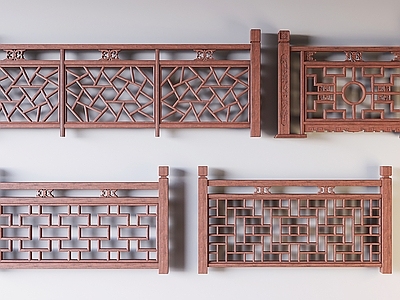 新中式围栏护栏 镂空花格围栏护栏 新中式实木栏杆 木围栏 楼梯护栏栏杆 护栏
