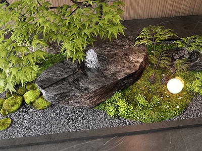 新中式其他景观小品 水钵 流水摆件 石臼 苔藓 植物造景