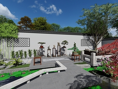 中式中古别墅庭院 中式庭院 古典园林 中式水庭院