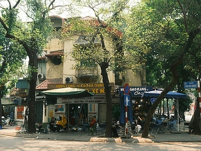 复古街道外景 破旧城区街道外景 人行道树林树荫 古朴商店商业街 小路街边建筑 老城乡镇郊区楼房