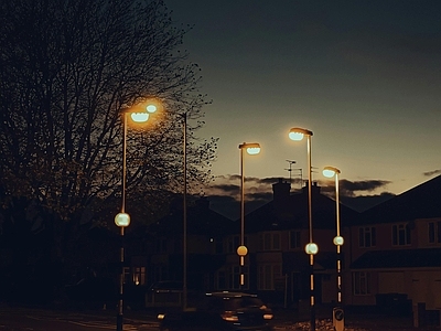 现代街道外景 路灯傍晚街道夜景 黄昏晚霞别墅外景 郊区 汽车人行道