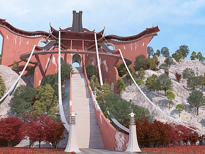 中式禅意古建 游戏大入口 中式古建山 斗拱 翼角 圆形栈道