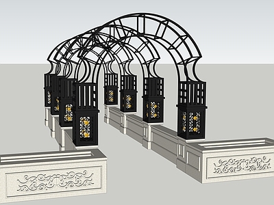 法式欧式别墅庭院 拱门花架 浮雕花坛 廊架