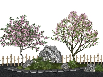 乔木 造型乔木 桃树樱花树 梅花景观树 石头 微地形汀步