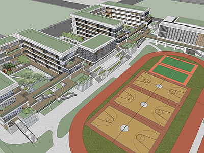 现代简约学校建筑 教学楼学校 学校操场 学校体育馆 现代风格学校 教学楼