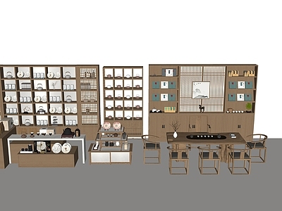 茶具 新中式茶叶展示柜 展具 茶壶 茶杯