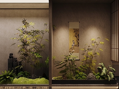 新中式室内景观 小品 苔藓微地形 小品 造景 植物堆