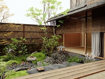 日式禅意乡村庭院 民宿庭院景观 植物造景 景观石 灌木 竹篱围墙