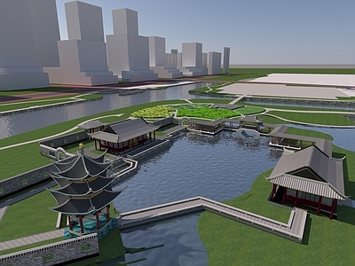 新中式中式古建 中式建筑 连廊 水榭