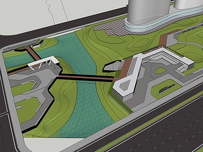 现代滨水景观 街角公园 现代廊架 河道 公园