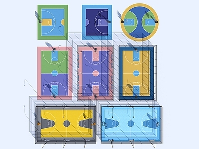 现代其他景观小品 篮球场组合 运动场 球场 彩色塑胶场地 塑胶球场