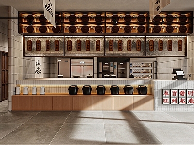 中式面馆 出餐口 明档 展示柜 桌椅 板凳