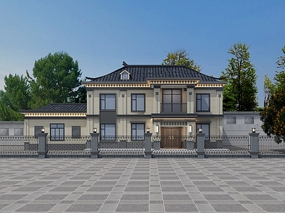 新中式中式古建 新中式 自建 4坡4脊 围栏
