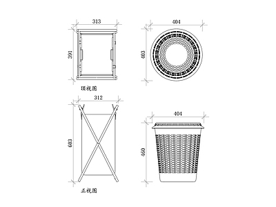 现代卫浴设施 洗衣筐 洗衣桶 洗衣篓 洗衣容器 洗衣袋 施工图