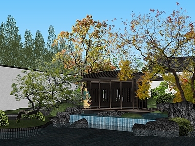 现代别墅庭院 禅意水庭院 丛生乌桕 斜飘朴树