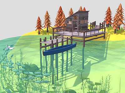 现代外景 低模湖景 户外小屋 小屋 乡村池塘 卡通船树木