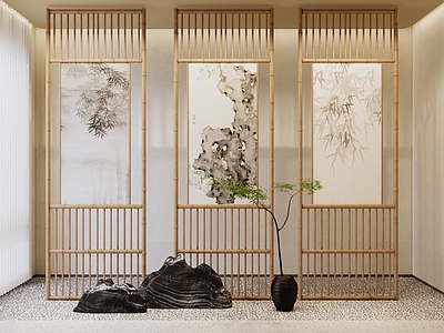 侘寂原木屏风 竹质屏风 格栅屏风