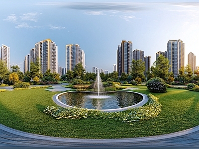 现代小区HDR 绿化步道水景全景
