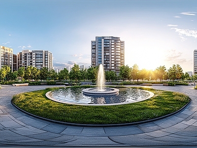 现代小区HDR 绿化步道水景全景