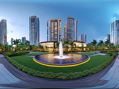 现代小区HDR 绿化步道水景全景 小区夜景HDR