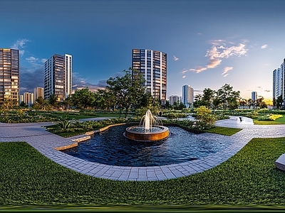 现代小区HDR 绿化步道水景全景 小区夜景HDR