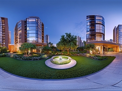 现代小区HDR 绿化步道水景全景