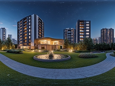 现代小区HDR 绿化步道水景全景 小区夜景HDR