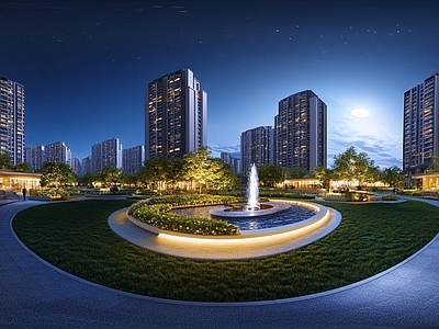 现代小区HDR 绿化步道水景全景 小区夜景HDR
