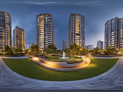 现代小区HDR 绿化步道水景全景 小区夜景HDR