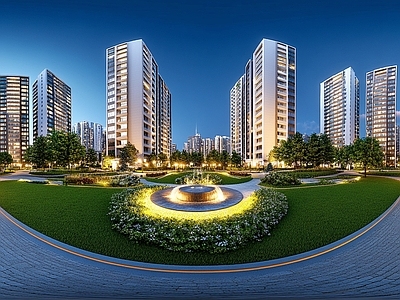 现代小区HDR 绿化步道水景全景
