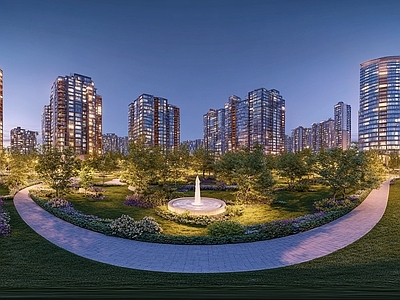 现代小区HDR 绿化步道水景全景