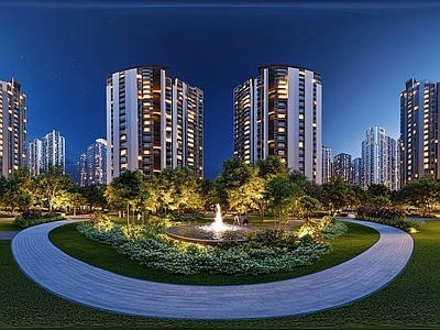 现代小区HDR 绿化步道水景全景 小区夜景HDR
