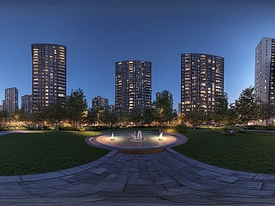 现代小区HDR 绿化步道水景全景 小区夜景HDR