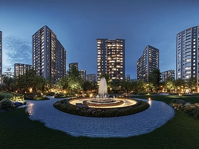 现代小区HDR 绿化步道水景全景 小区夜景HDR