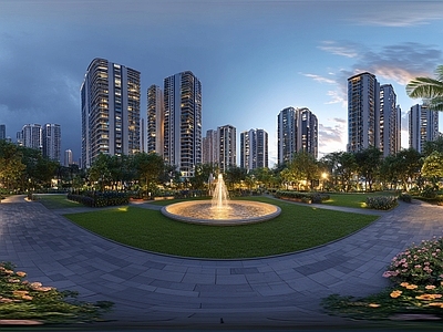 现代小区HDR 绿化步道水景全景 小区夜景HDR