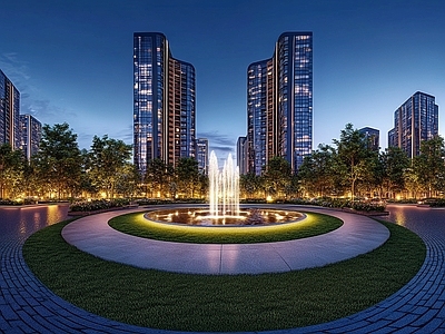 现代小区HDR 绿化步道水景全景 小区夜景HDR
