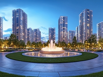 现代小区HDR 绿化步道水景全景 小区夜景HDR