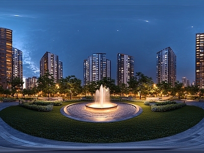 现代小区HDR 绿化步道水景全景 小区夜景HDR