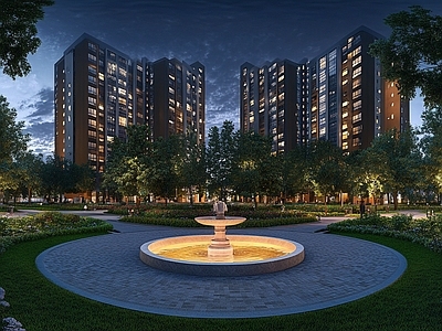 现代小区HDR 绿化步道水景全景 小区夜景HDR