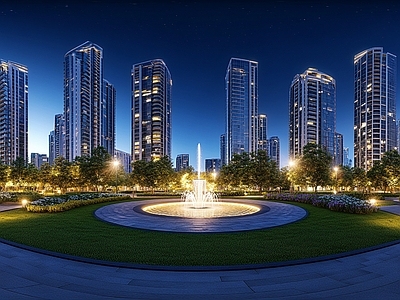 现代小区HDR 绿化步道水景全景 小区夜景HDR